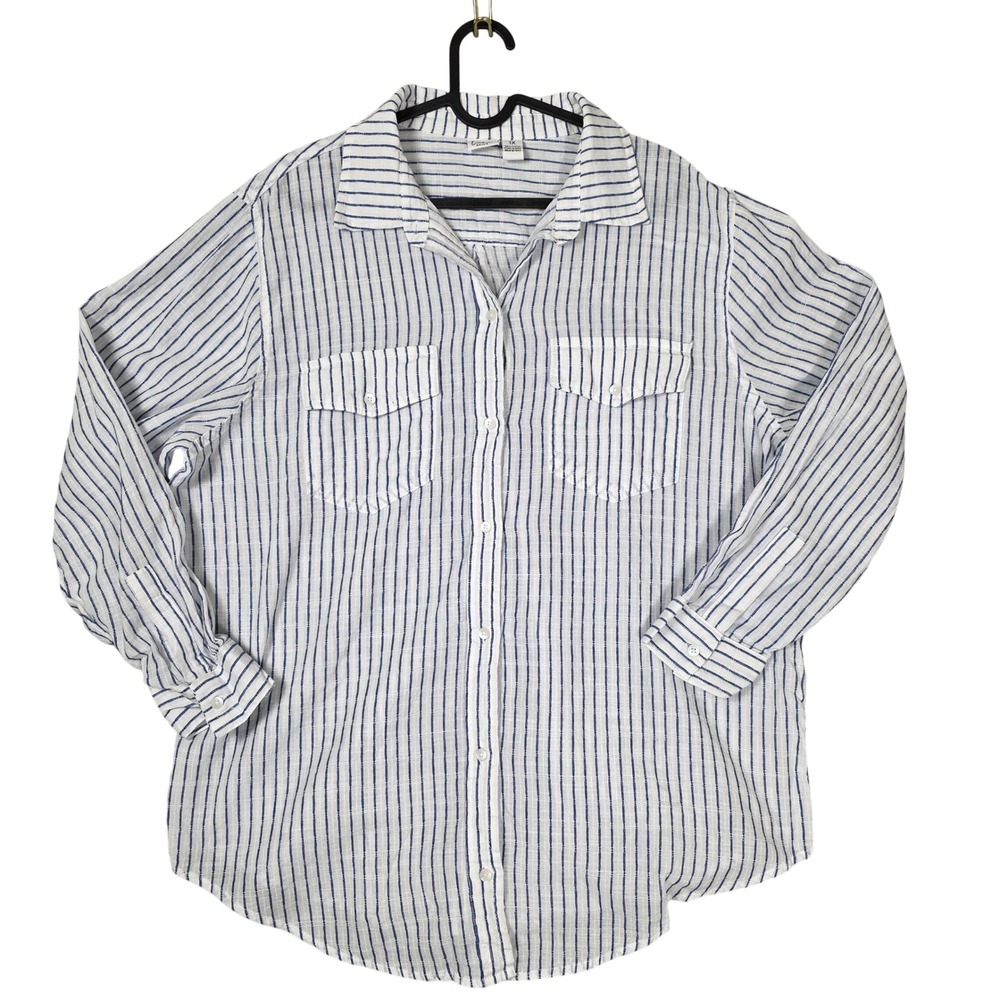 Luna‎ Skies 1X Blue White Striped Button Down Shirt Cotton Long Sleeve